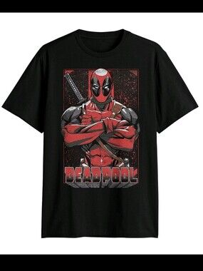 DXL Deadpool Mens T-Shirt - Arms Crossed Splatter Box Image.  Size 3XLT